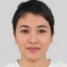 Joyful asian young-adult female with short  brown hair and brown eyes