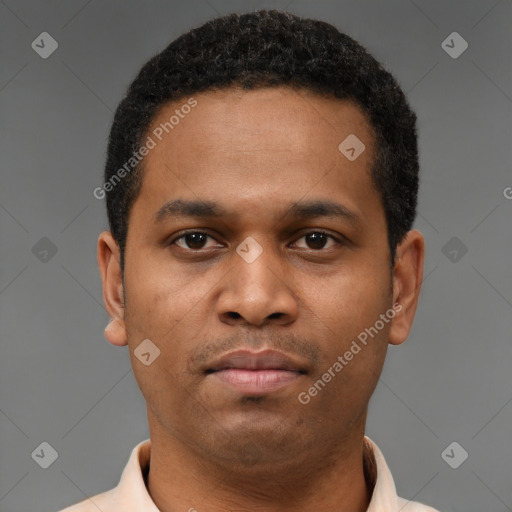 Neutral latino young-adult male with short  brown hair and brown eyes