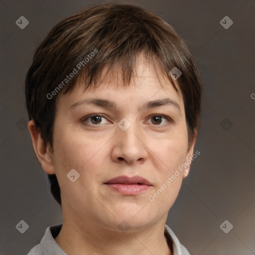 Joyful white adult female with short  brown hair and brown eyes