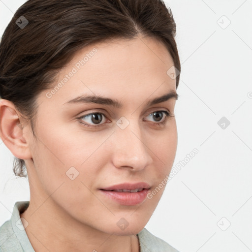 Neutral white young-adult female with medium  brown hair and brown eyes