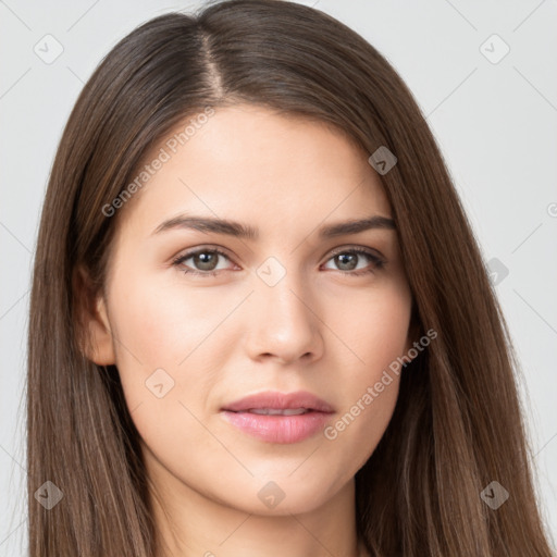 Neutral white young-adult female with long  brown hair and brown eyes