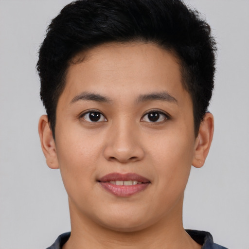 Joyful asian young-adult female with short  brown hair and brown eyes