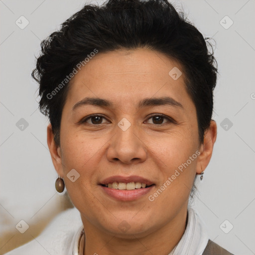 Joyful white adult female with short  brown hair and brown eyes