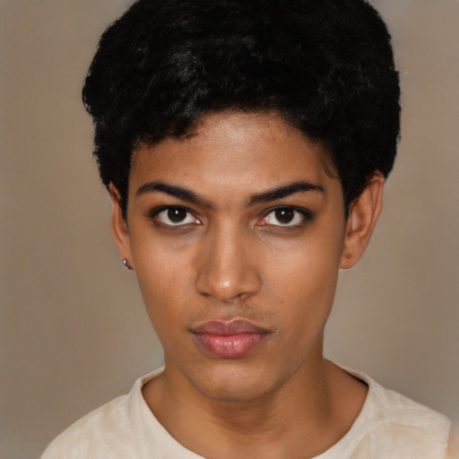Neutral black young-adult female with short  black hair and brown eyes