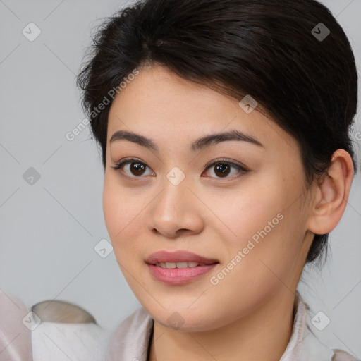 Joyful white young-adult female with medium  brown hair and brown eyes