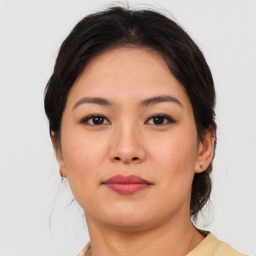 Neutral asian young-adult female with medium  brown hair and brown eyes