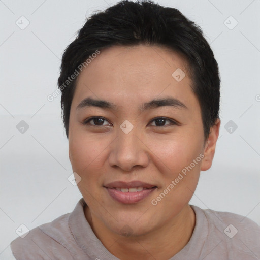 Joyful asian young-adult female with short  black hair and brown eyes