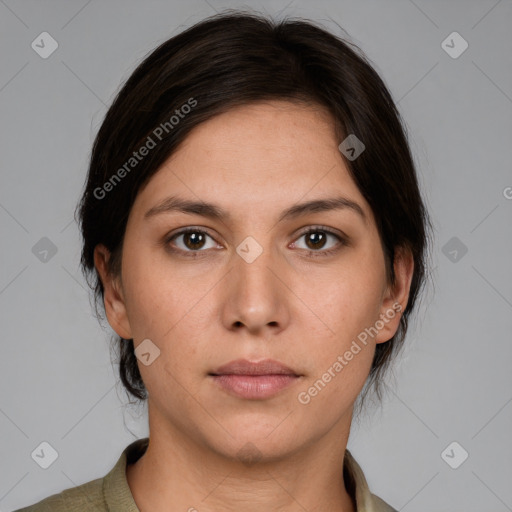 Neutral white young-adult female with medium  brown hair and brown eyes