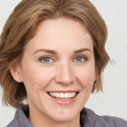 Joyful white young-adult female with medium  brown hair and blue eyes