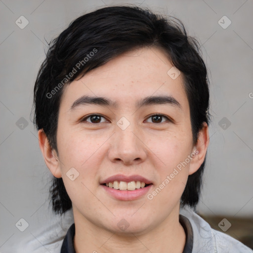 Joyful white young-adult male with medium  brown hair and brown eyes