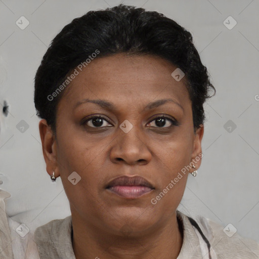 Joyful black adult female with short  brown hair and brown eyes