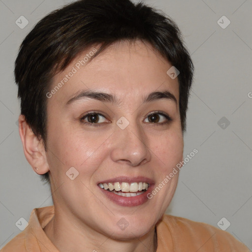 Joyful white young-adult female with medium  brown hair and brown eyes