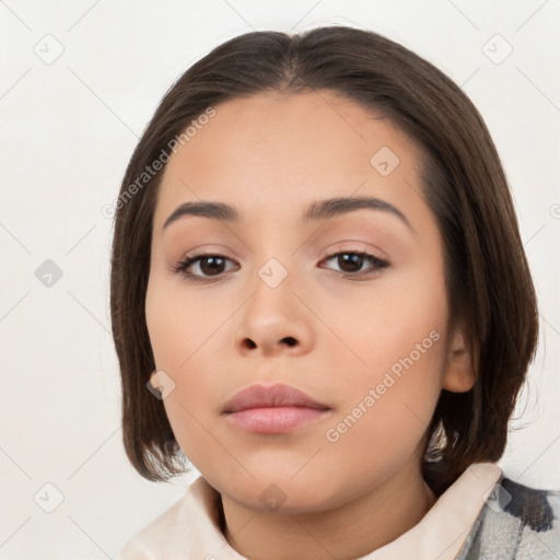 Neutral white young-adult female with medium  brown hair and brown eyes