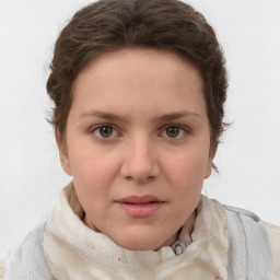 Neutral white young-adult female with short  brown hair and brown eyes