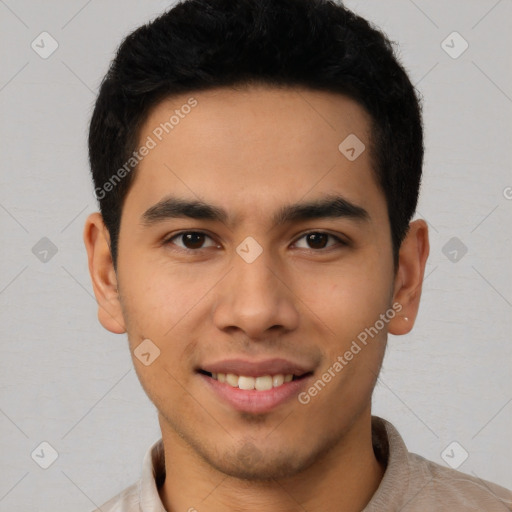 Joyful latino young-adult male with short  brown hair and brown eyes