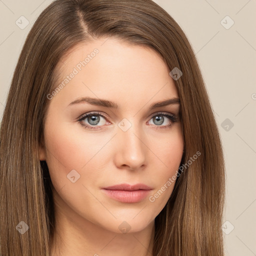 Neutral white young-adult female with long  brown hair and brown eyes