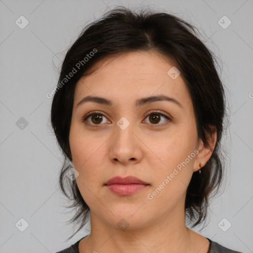 Neutral white young-adult female with medium  brown hair and brown eyes