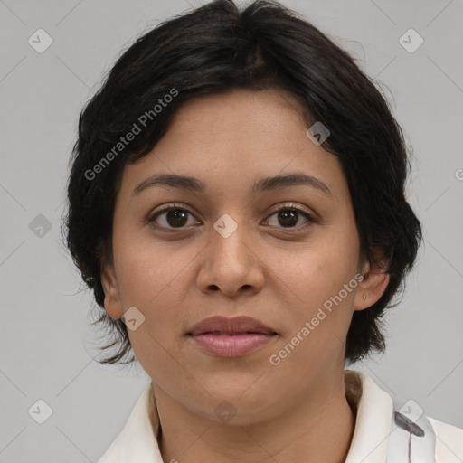 Neutral asian young-adult female with medium  brown hair and brown eyes