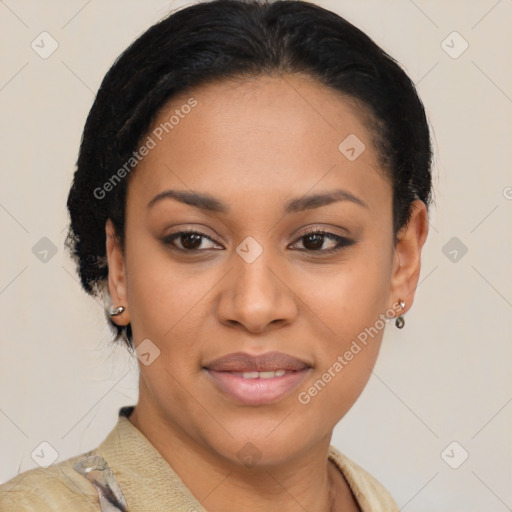 Joyful latino young-adult female with short  brown hair and brown eyes