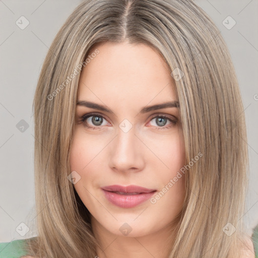 Neutral white young-adult female with long  brown hair and brown eyes