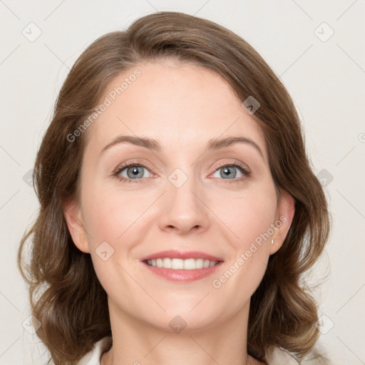 Joyful white young-adult female with medium  brown hair and green eyes