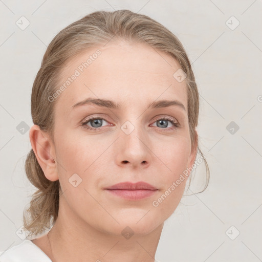 Neutral white young-adult female with medium  brown hair and grey eyes