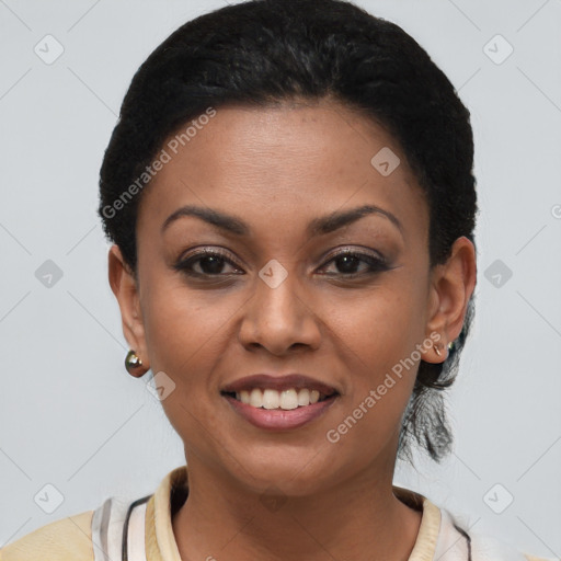 Joyful latino young-adult female with short  brown hair and brown eyes