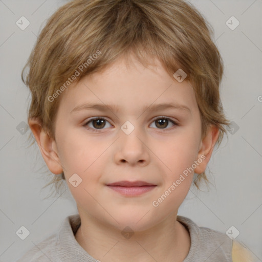 Joyful white child female with medium  brown hair and brown eyes