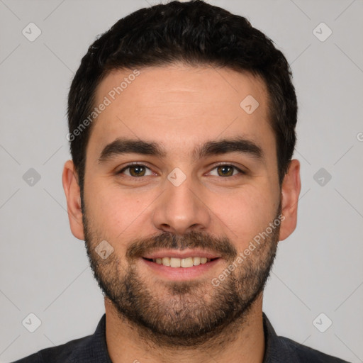 Joyful white young-adult male with short  black hair and brown eyes