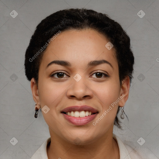 Joyful latino young-adult female with short  brown hair and brown eyes