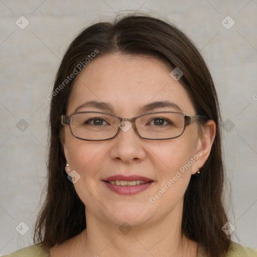 Joyful white adult female with medium  brown hair and grey eyes