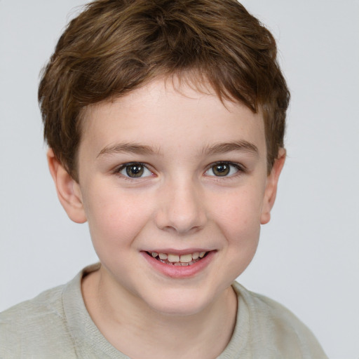 Joyful white child female with short  brown hair and brown eyes