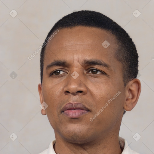 Neutral black adult male with short  black hair and brown eyes
