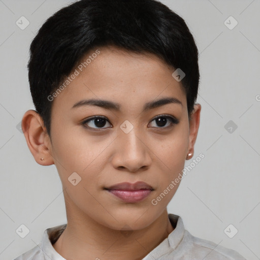 Joyful asian young-adult female with short  brown hair and brown eyes