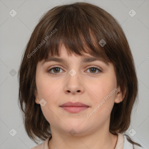 Neutral white young-adult female with medium  brown hair and brown eyes