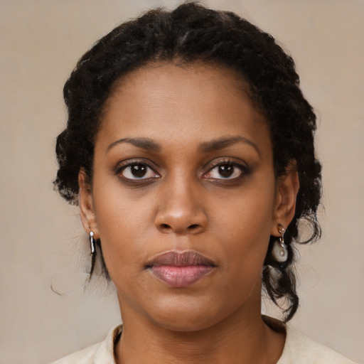 Neutral black young-adult female with medium  black hair and brown eyes