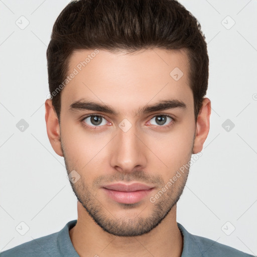 Neutral white young-adult male with short  brown hair and brown eyes