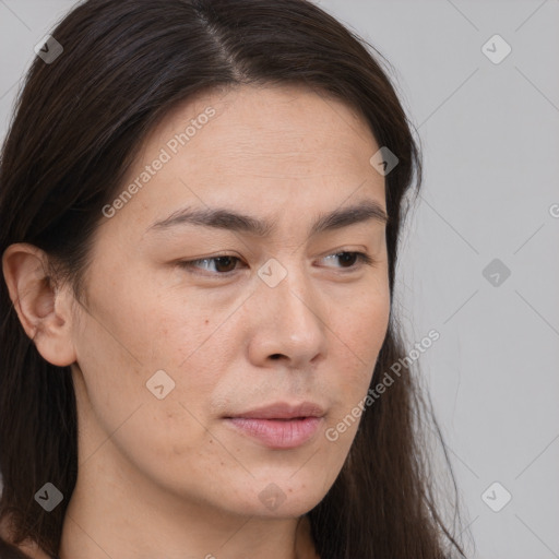 Neutral white young-adult female with long  brown hair and brown eyes