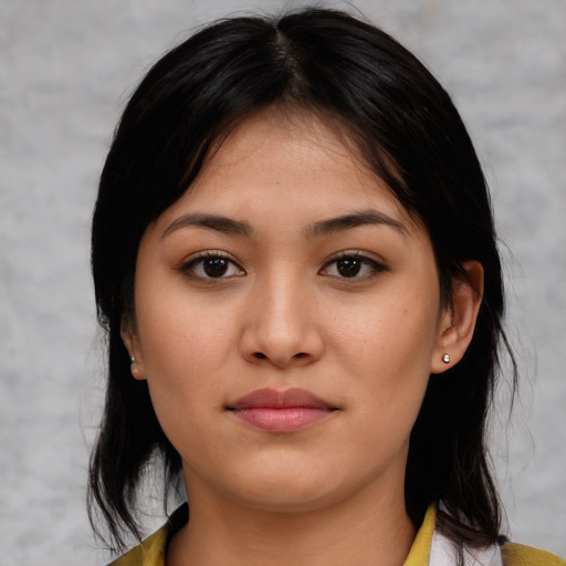 Neutral white young-adult female with medium  black hair and brown eyes