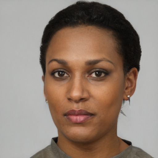 Neutral black young-adult female with short  black hair and brown eyes