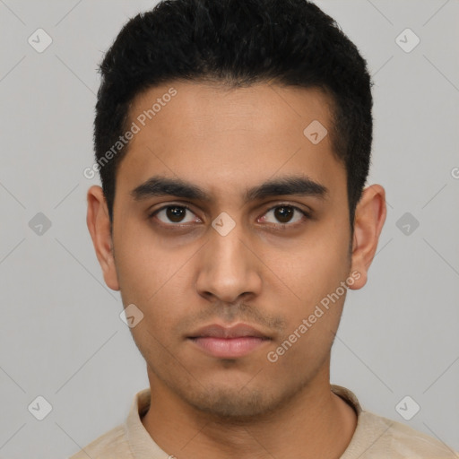 Neutral latino young-adult male with short  black hair and brown eyes