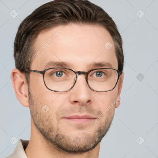 Neutral white young-adult male with short  brown hair and grey eyes