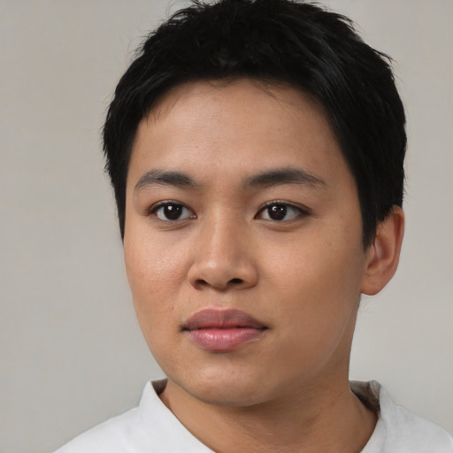 Neutral asian young-adult female with short  black hair and brown eyes