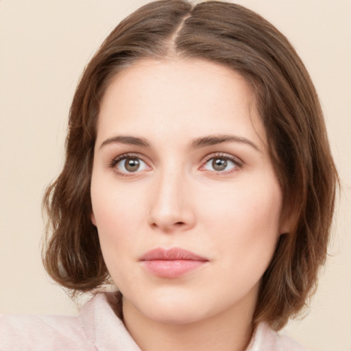 Neutral white young-adult female with medium  brown hair and green eyes