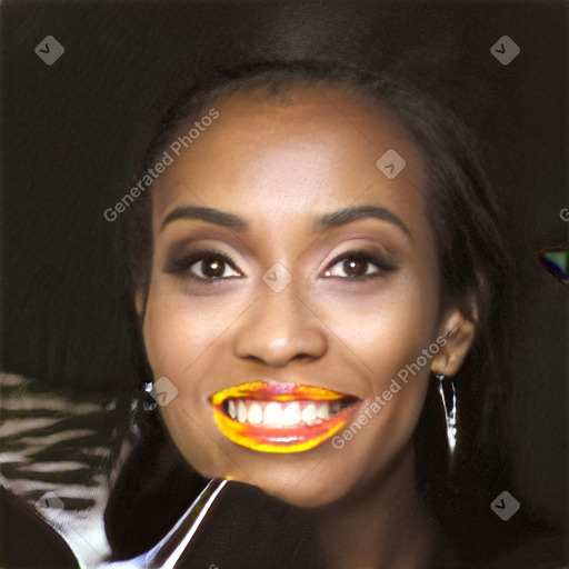 Joyful white young-adult female with long  black hair and brown eyes