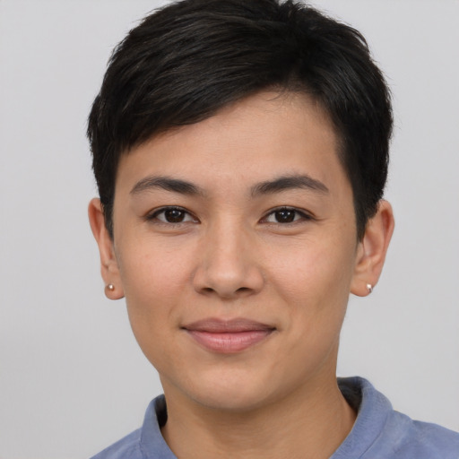 Joyful asian young-adult female with short  black hair and brown eyes