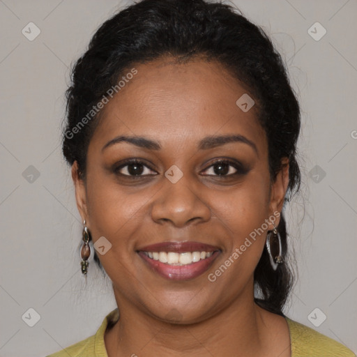 Joyful black young-adult female with medium  black hair and brown eyes