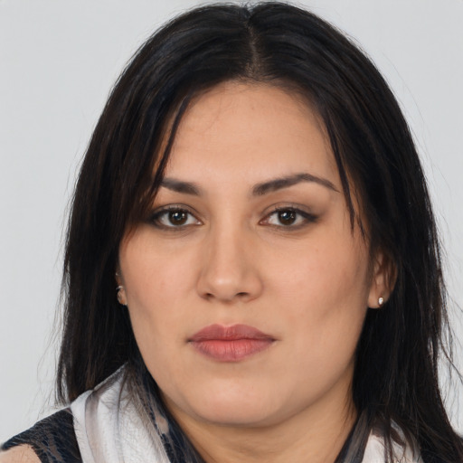 Neutral white young-adult female with long  black hair and brown eyes