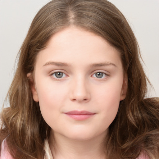 Neutral white child female with long  brown hair and grey eyes