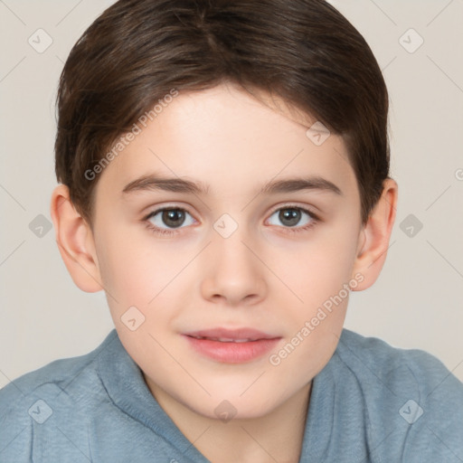 Joyful white child female with short  brown hair and brown eyes